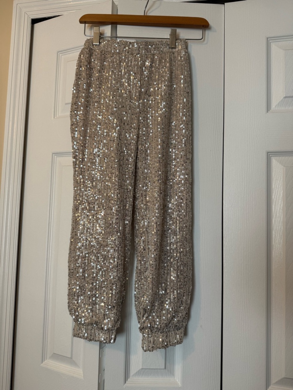 Girls Sequin Knit Jogger Pants - Champagne Taupe